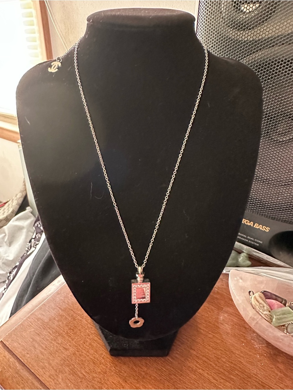 Silver Necklace with Pink Square Pendant and Charm